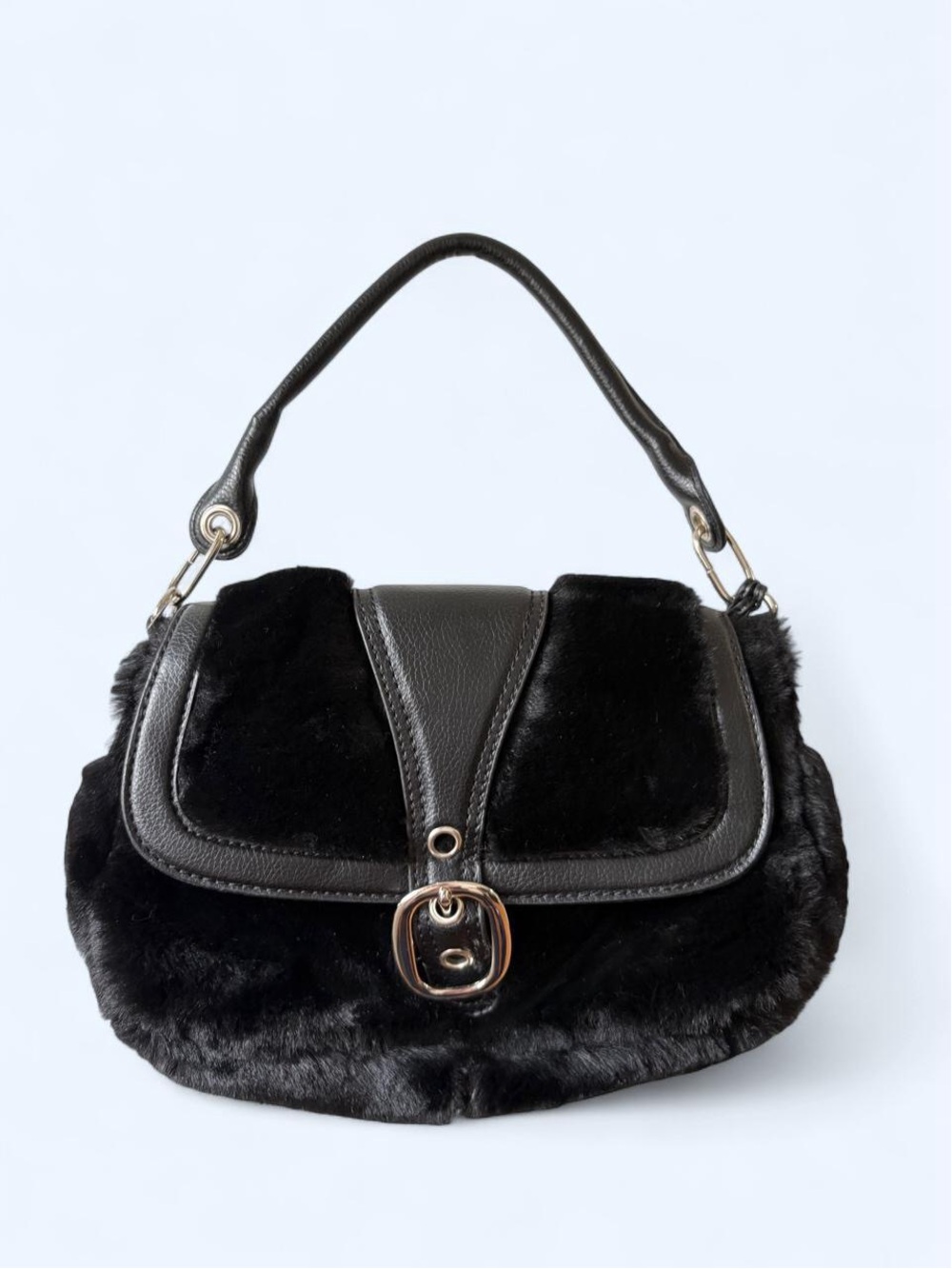Elegant Black Faux-Fur Shoulder Bag with Buckle Accent